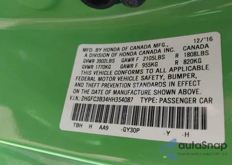 2017 Honda Civic Ex-T из США, поврежденный, VIN 2HGFC3B34HH354087